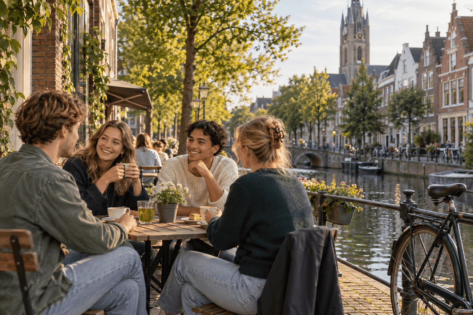 Studenten op een terras aan een Nederlandse gracht