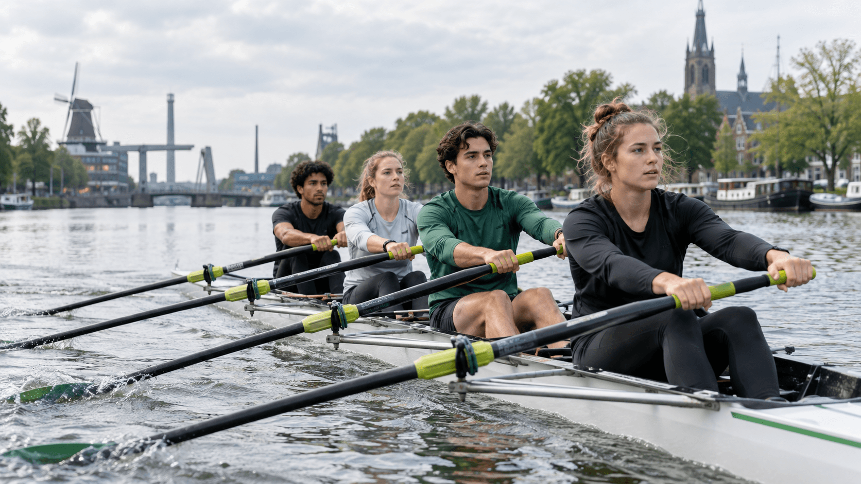 Studenten die samen roeien