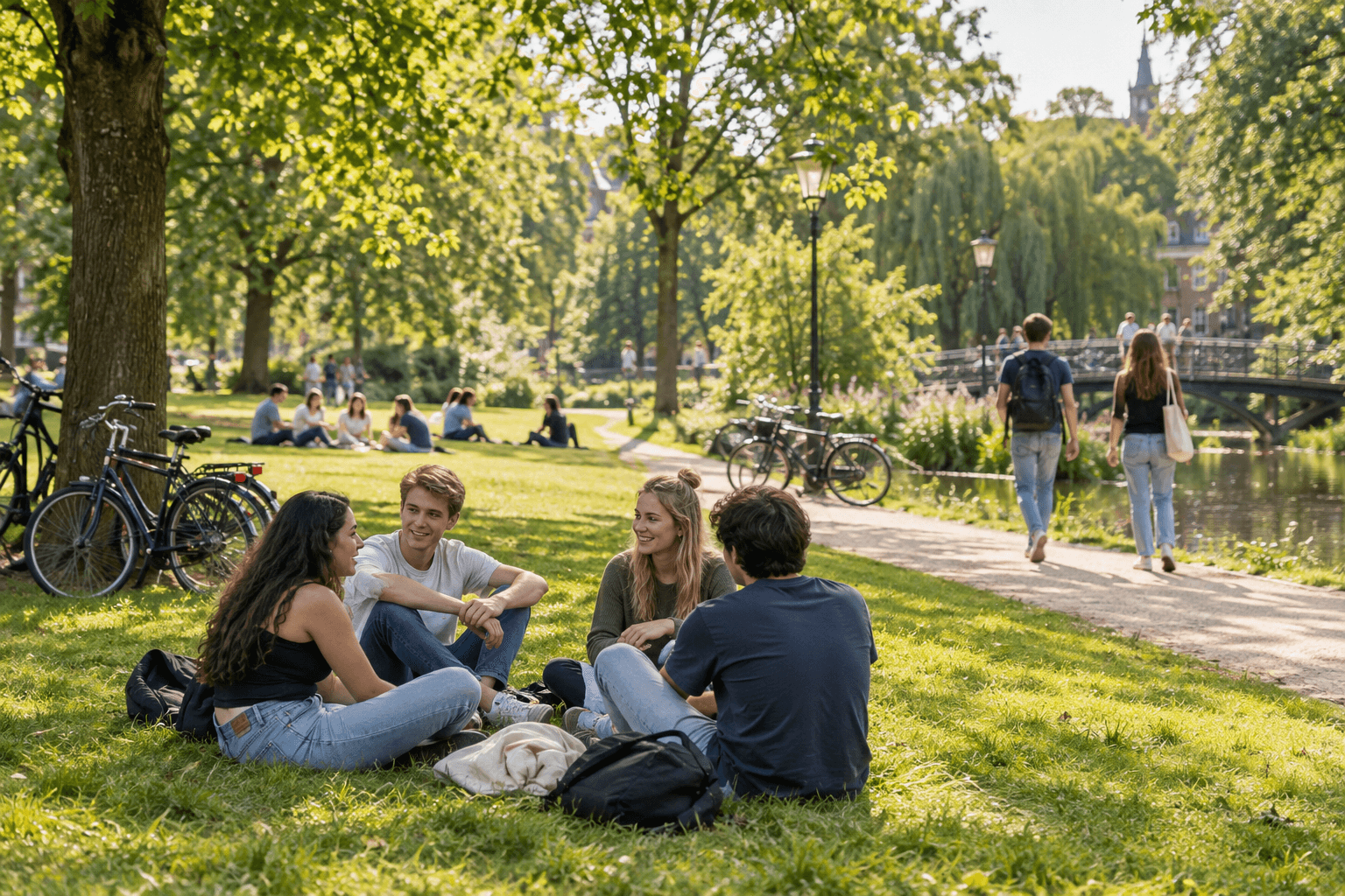 Studenten ontmoeten elkaar in een groen stadspark