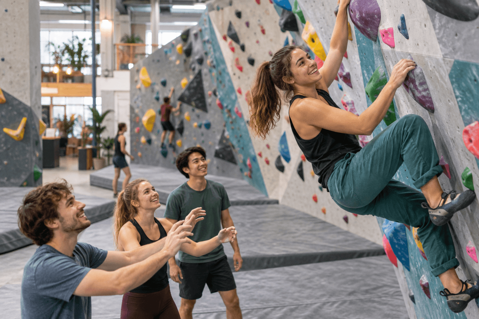 Studenten boulderen samen in een klimhal
