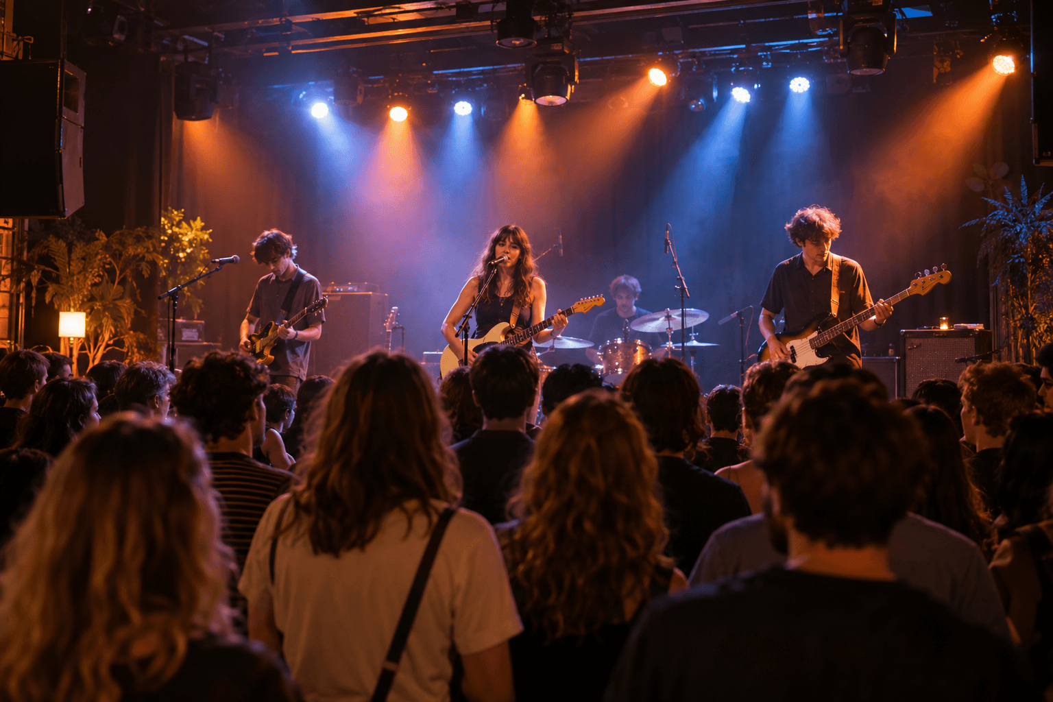 Een liveband speelt voor studenten in een muziekpodium