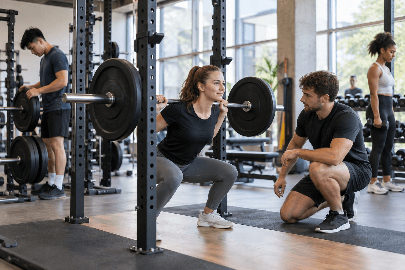 Studenten doen begeleide krachttraining in een sportschool