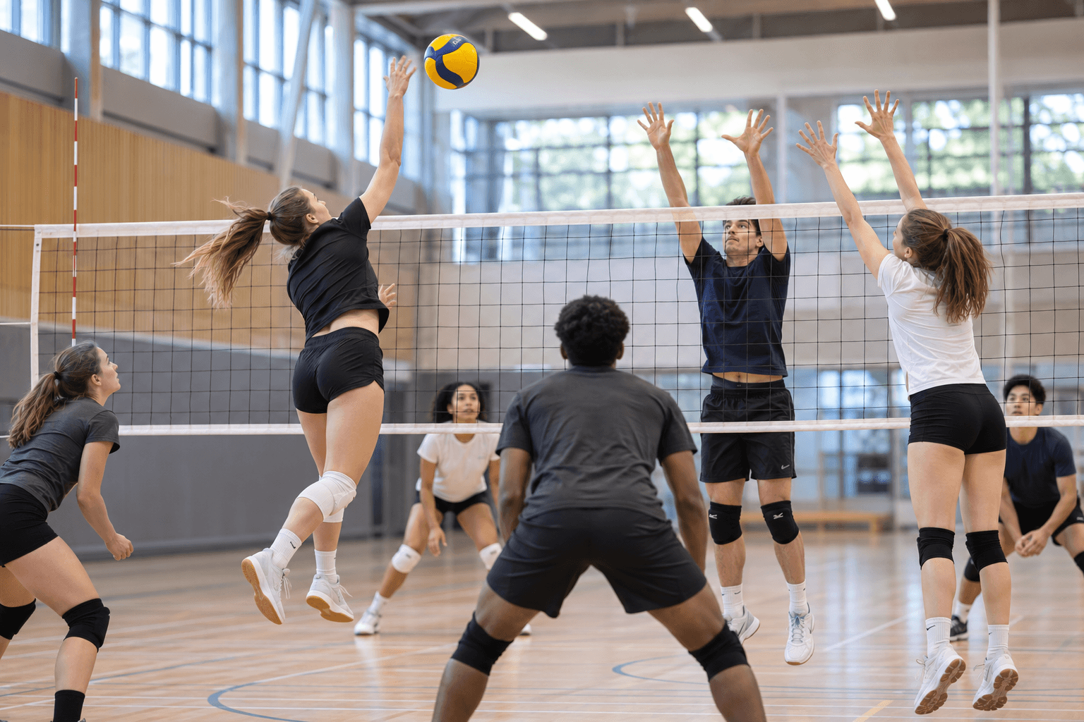 Studenten spelen volleybal bij een net in een sporthal