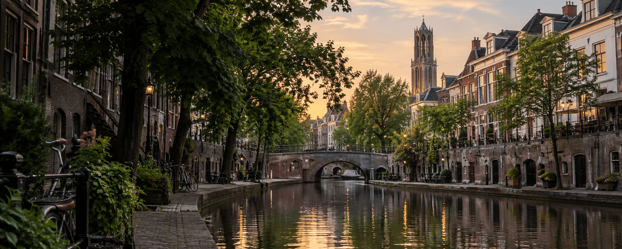 Utrechtse gracht met fietsen, werfkelders en de Domtoren in de verte